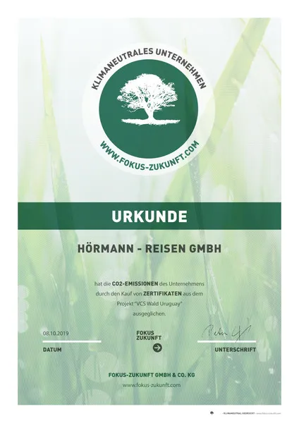 Urkunde Hörmann Reisen Urkunde, Klimaneutral