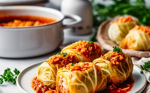 Gericht mit gefüllten Kohlrouladen auf einem Teller, dekoriert mit frischen Kräutern.