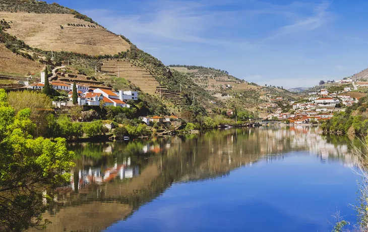 Douro-Fluss mit Weinbergen in Douro-Tal mit Pinhao am Hintergrund