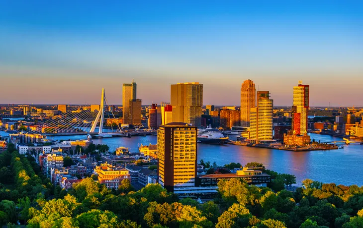 Skyline von Rotterdam mit der Erasmus-Brücke, Niederlande
