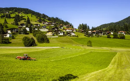 Ländliche Landschaft mit Traktor auf grüner Wiese vor Bergdorf.