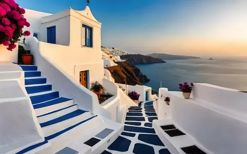 Weiße Häuser mit blauen Dächern in Oia, Santorini bei Sonnenuntergang.