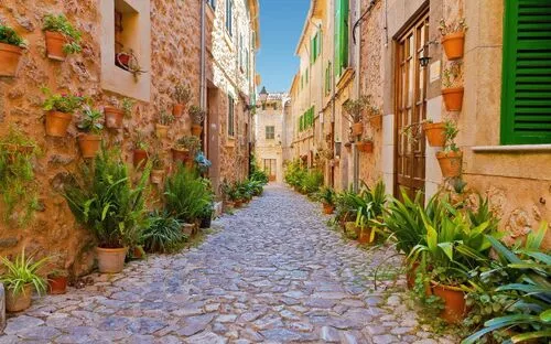 Pflastersteingasse mit Topfpflanzen und rustikalen Gebäuden bei klarem Himmel.