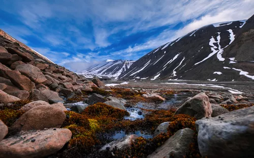 Blick auf felsige Berglandschaft mit Flechten und Schnee unter blauem Himmel.