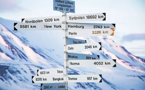 Wegweiser mit Entfernungen zu Städten und Nordpol, Schneehintergrund.