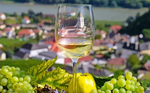 Weinglas mit Weißwein, Trauben, Apfel und Dorf im Hintergrund.