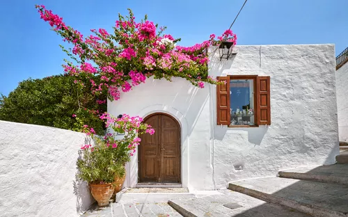 Weißes Haus mit Holztür und blühendem Bougainvillea im Sonnenschein.
