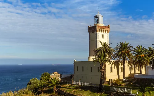 Leuchtturm an der Küste mit Palmen und Meer im Hintergrund.