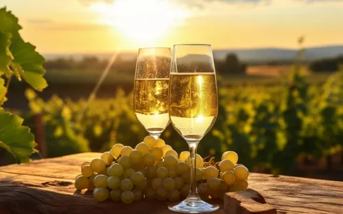 Zwei Weingläser und Trauben im Sonnenuntergang vor einem Weinberg.