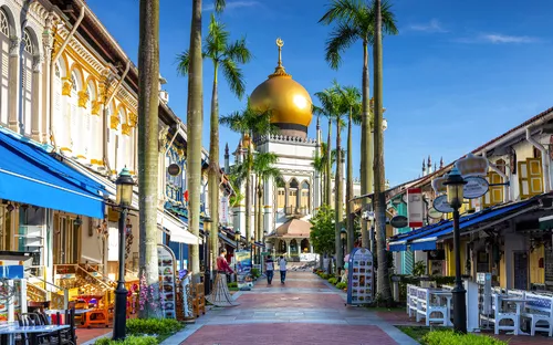 Straße mit Palmen und Blick auf eine Moschee mit goldener Kuppel im Hintergrund