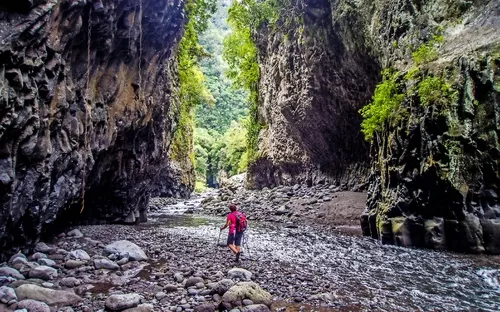 Person wandert durch eine felsige Schlucht mit üppigem Grün.