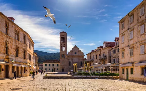Historischer Platz mit Kirche und fliegenden Möwen unter blauem Himmel.