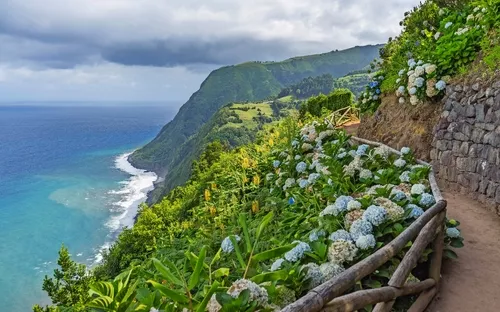 Weg mit Hortensien über Klippen mit Blick aufs Meer und bewölkten Himmel.
