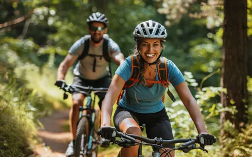 Ein Paar fährt lächelnd auf Mountainbikes auf einem sonnigen Waldweg.