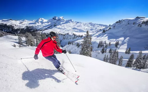 Skifahrer in roter Jacke auf schneebedecktem Hang mit Bergkulisse.