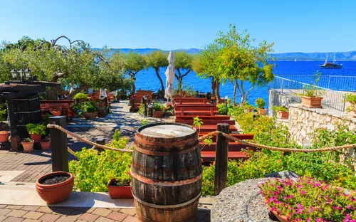 Terrasse mit Holztischen und Meerblick, Pflanzen im Vordergrund.