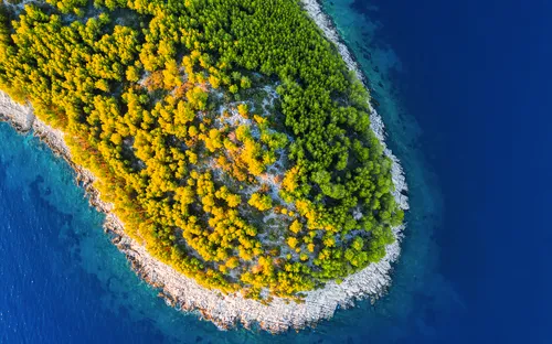Luftaufnahme einer bewaldeten Halbinsel im blauen Meer.