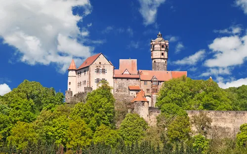 Ein Schloss auf einem bewaldeten Hügel unter blauem Himmel.