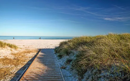 Holzsteg führt durch Dünen zu einem sandigen Strand mit klarem blauen Himmel.