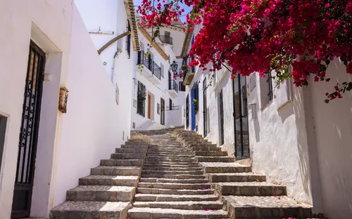 Steinige Treppe in einer weißen spanischen Gasse mit blühenden Bougainvillea.