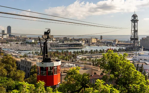 Seilbahn vor Hafen und Stadtlandschaft an einem sonnigen Tag