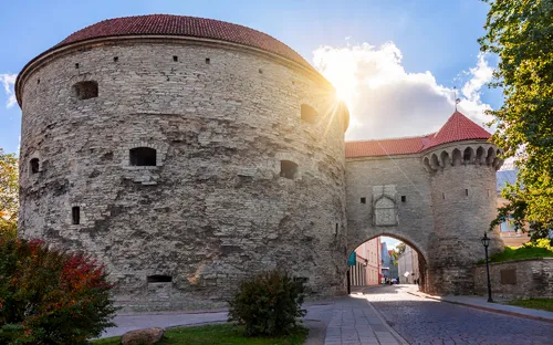 Alte Stadtmauer mit Torbogen und Turm bei Sonnenschein.