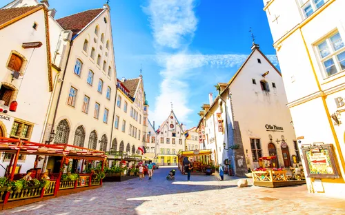 Panoramablick auf die Altstadt von Tallinn mit historischen Gebäuden unter blauem Himmel.