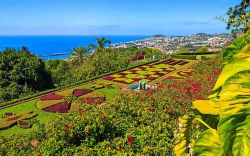Botanischer Garten mit geometrischen Beeten und Blick auf eine Küstenstadt.